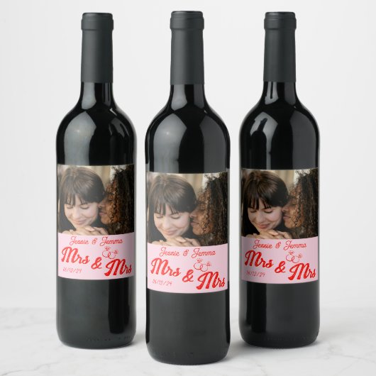 Mrs. & Mrs.かわいいレズビアンの写真は結婚ありがとう ワインラベル (ボトル)