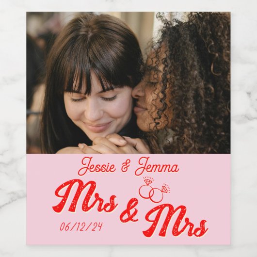 Mrs. & Mrs.かわいいレズビアンの写真は結婚ありがとう ワインラベル (シングルラベル)
