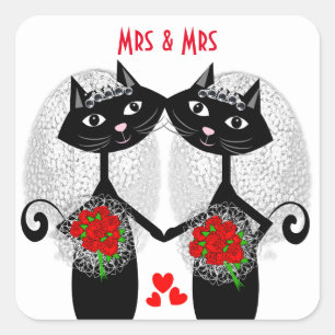 Mrs + Mrs.レズビアンの結婚猫かわいい花嫁結婚さん スクエアシール