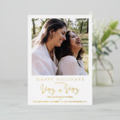 MRS & MRS Christmas Wedding LGBT Lesbian Photo 箔シーズンカード (立ち正面)