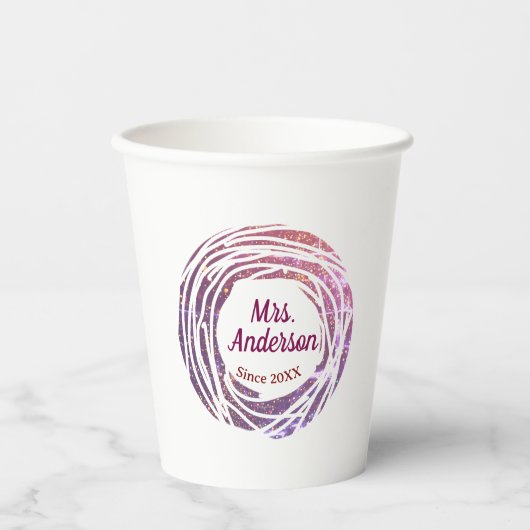Mrs name pink mauve border since year wedding brid 紙コップ (正面)