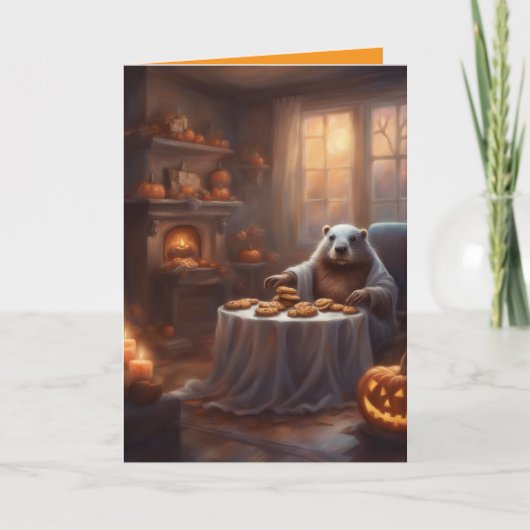 Ms. Beaver whimsical Halloween house greeting カード (正面)