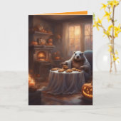 Ms. Beaver whimsical Halloween house greeting カード (黄色い花)