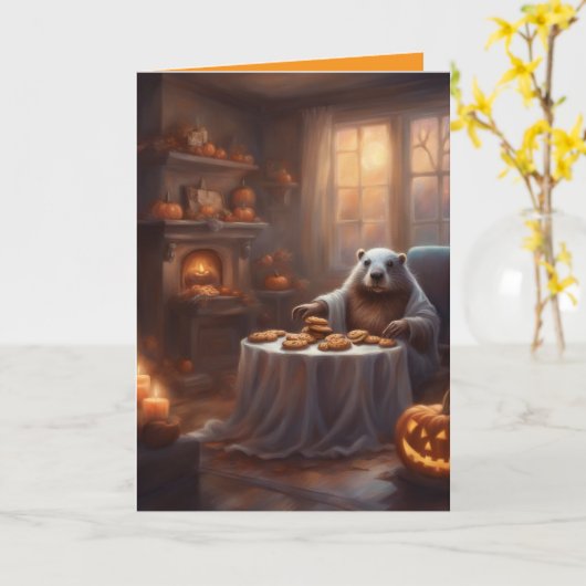 Ms. Beaver whimsical Halloween house greeting カード (黄色い花)