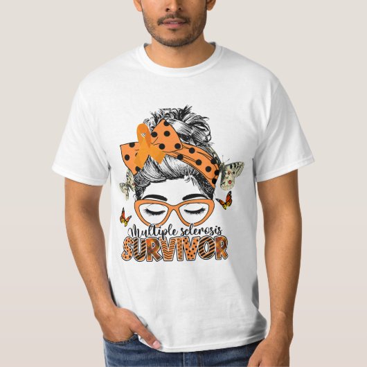 MS Survivor Messy Bun Multiple Sclerosis Awareness Tシャツ (正面)