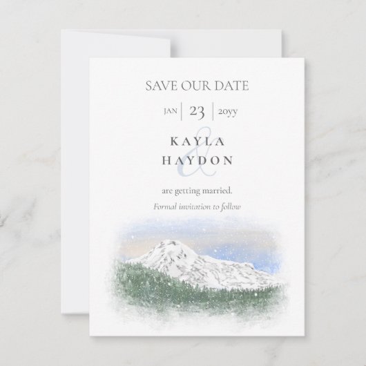 Mt Rainier, Falling Snow Wedding Save the Date 招待状 (正面)