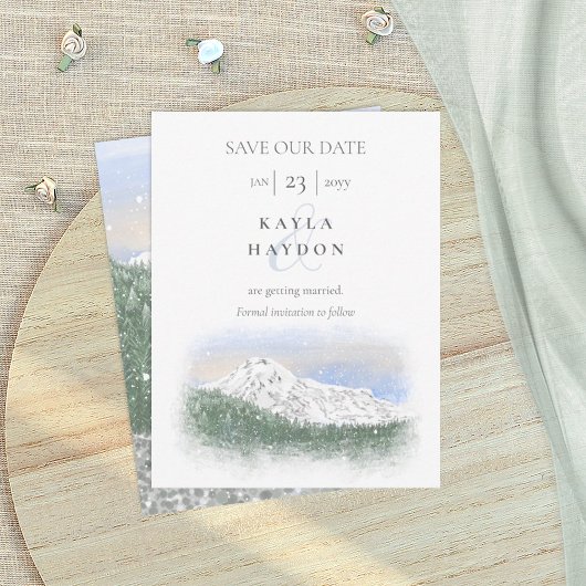 Mt Rainier, Falling Snow Wedding Save the Date 招待状