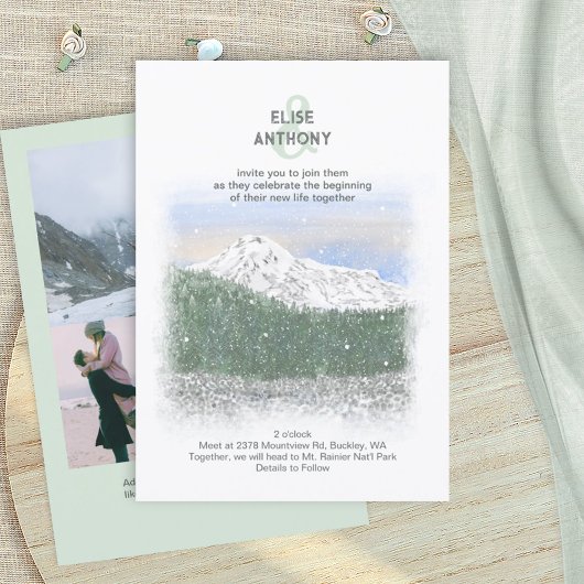 Mt. Rainier, Falling Snow, Winter Green Wedding 招待状