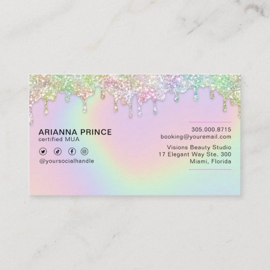 MUAメイクアップアーティストホログラフィックレインボーグリッタードリップ 名刺 (裏面)