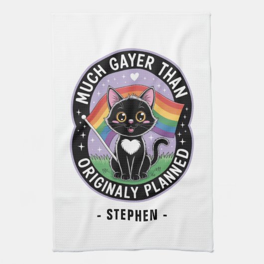 Much Gayer – 可愛おもしろいい黒猫LGBTQプライド キッチンタオル (縦)