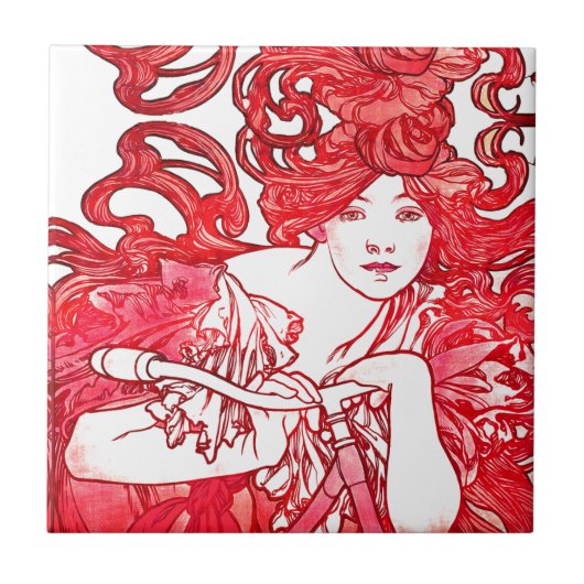 Mucha Red Hair Bikeアールヌーボーの女性タイル タイル (正面)