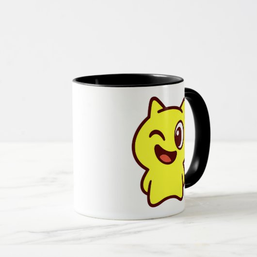 Mug avec chat dessiné en jaune. マグカップ (正面右)