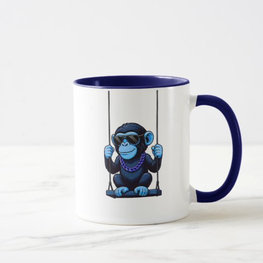 Mug cartoon stylisé singe bleu cool sur balançoire マグカップ (右)