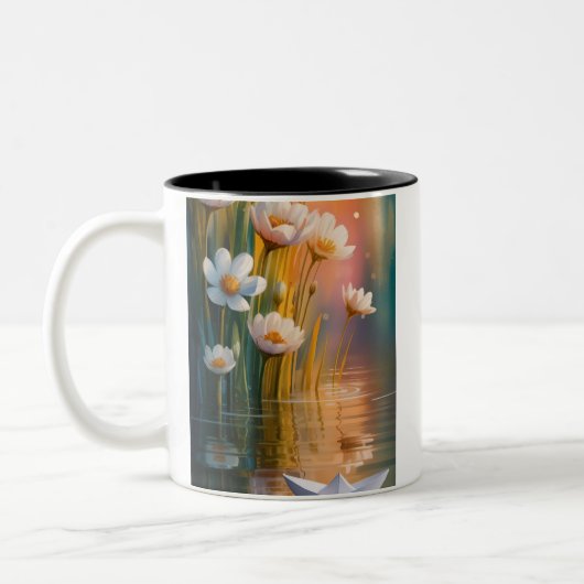 Mug Dreamy Paper Boat & White Flowers at Sunset –  ツートーンマグカップ (左)