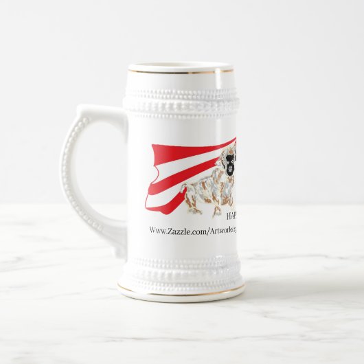 MUG : HAPPY 4OF 7月英語のPUG犬 ビールジョッキ (左)