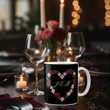 Mug noir couronne de fleurs roses et rouges