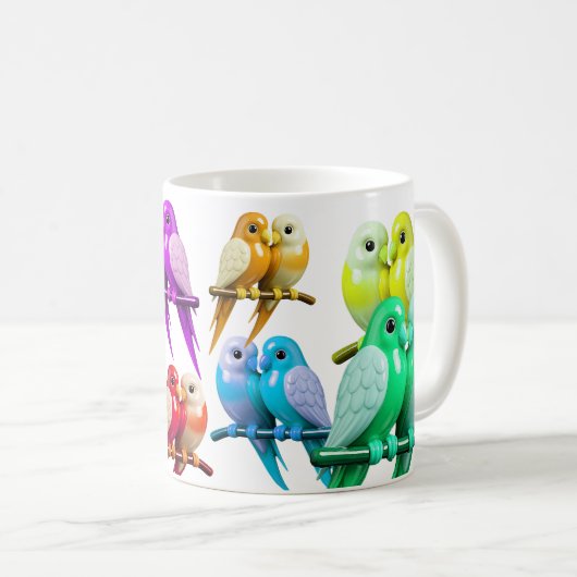 Mug oiseaux perchés en couple aux couleurs vives, コーヒーマグカップ (正面右)