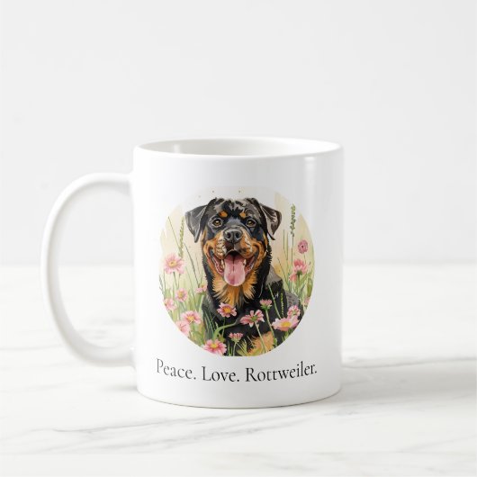  Mug – Peace Love Rottweiler – Watercolor  コーヒーマグカップ (左)