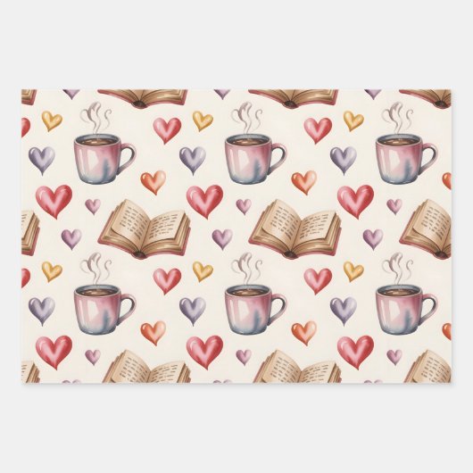 Mugs, Books, and Hearts valentine ラッピングペーパーシート (正面)