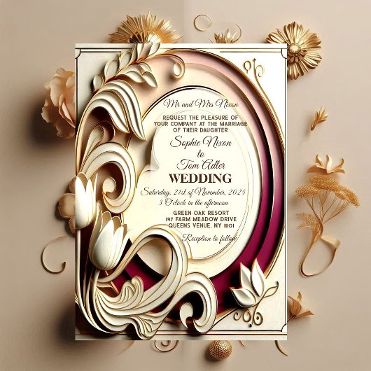 Mulberry Tulip Baroque Grandeur Gold Faux Wedding 招待状