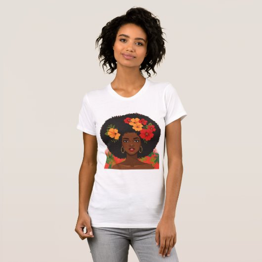 Mulher Afro Brasileira Cabelo Natural Flores Tropi Tシャツ (正面フル)