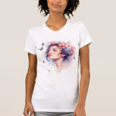Mulher Flores Borboletas Aquarela Arte Feminina Ca Tシャツ (正面)