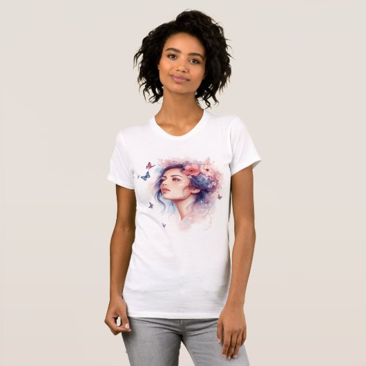 Mulher Flores Borboletas Aquarela Arte Feminina Ca Tシャツ (正面フル)