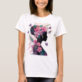 Mulher Tropical Floral Camiseta Design Borboleta B Tシャツ (正面)