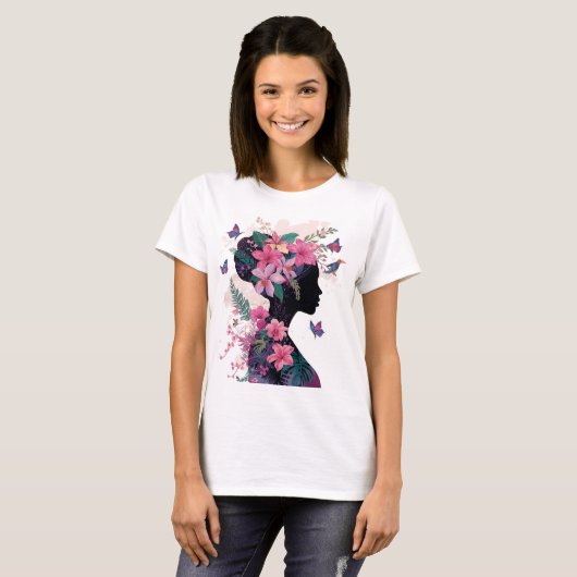 Mulher Tropical Floral Camiseta Design Borboleta B Tシャツ (正面フル)