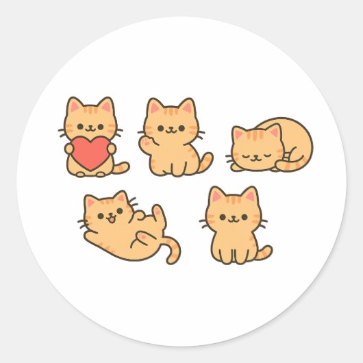 Multi-Cat Sticker – 5 Cute Kawaii Cats (Round) ラウンドシール (正面)