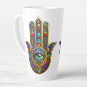 Multi Color Flower Petals Green Third Eye Hamsa カフェラテマグ (左アングル)