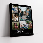 Multi photo collage family script modern keepsake フェイクキャンバスプリント<br><div class="desc">Elegant modern family handwritten calligraphy script with six custom photos black and white keepsake photo faux canvas print template.              Please note that the background color is changeable. You can replace the black with any other color after selecting CUSTOMIZE option.</div>
