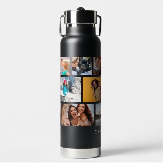 Multi Photo Collage Modern Personalized Name ウォーターボトル (正面)
