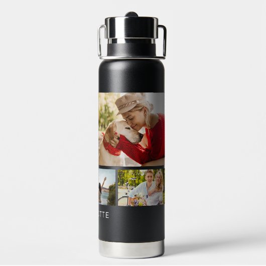 Multi Photo Collage Modern Personalized Name ウォーターボトル (背面)