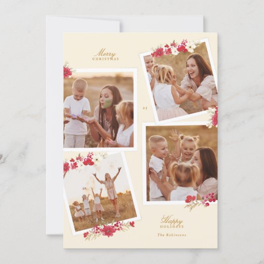multi photo merry christmas floral botanical シーズンカード (正面)