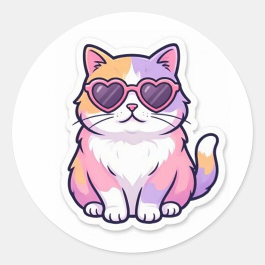 Multicolor Cat With Heart Sunglasses Sticker ラウンドシール (正面)