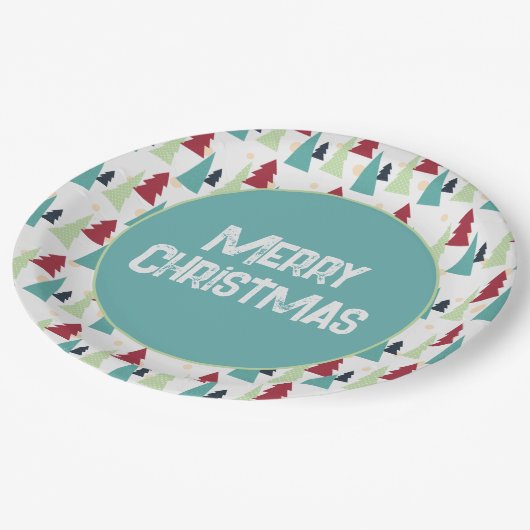 Multicolor Christmas Trees Pattern ペーパープレート (アングル)