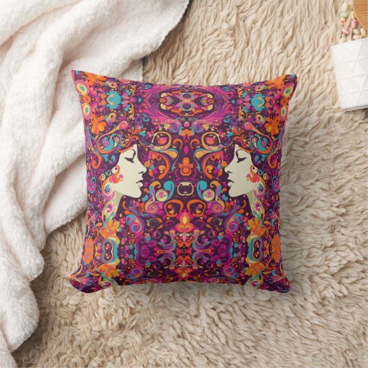 Multicolor Retro Hippie Boho style Throw Pillow  クッション (ブランケット)