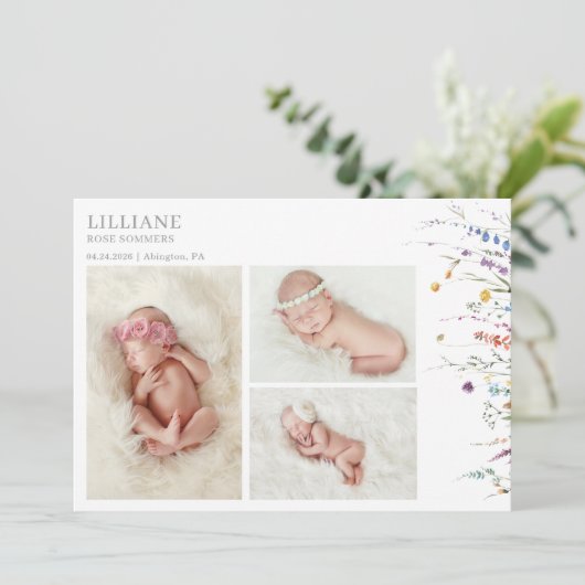 Multicolor Wildflower Baby Photo Announcement Card 招待状 (スタンド正面)