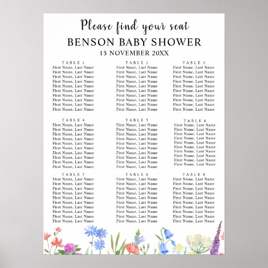 Multihued Wildflower Baby Shower Seating Charts ポスター (正面)