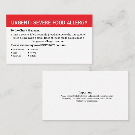 Multiple Food Allergy Alert 名刺 (正面/裏面)