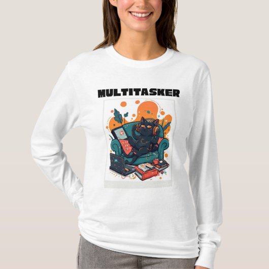 Multitasker Cat - Funny Lazy Gaming Cat Longsleeve Tシャツ (正面)