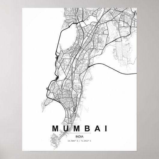 Mumbai Minimalist Map (Black & White) ポスター (正面)