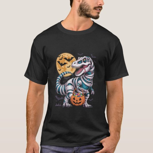 Mummy T-Rex Halloween Dinosaur Trick or Treat Moon Tシャツ (正面)