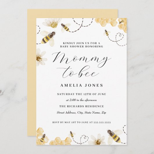Mummy To Bee黄色の赤ちゃんシャワー 招待状 (正面/裏面)
