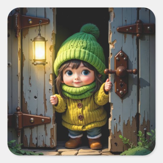 Munchkin Wearing a Knit Hat and Sweater スクエアシール (正面)