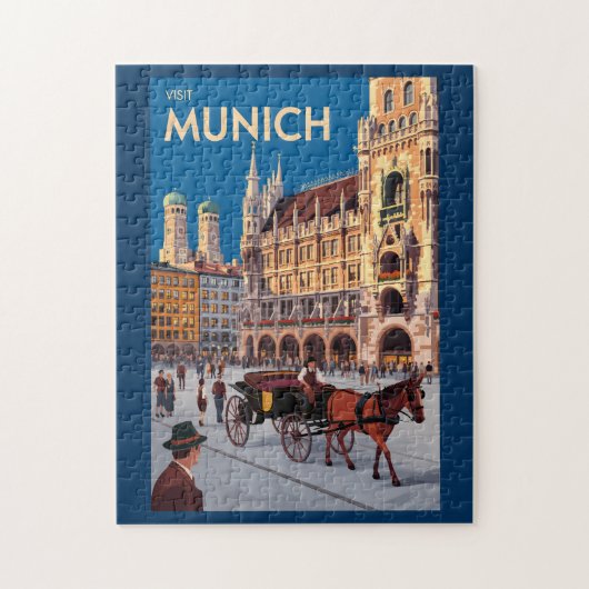 Munich Germany Marienplatz Travel Art Vintage ジグソーパズル (縦)