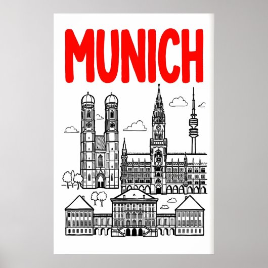 Munich Skyline Poster, Red Title, Black Outline ポスター (正面)