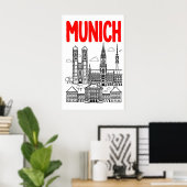 Munich Skyline Poster, Red Title, Black Outline ポスター (ホームオフィス)