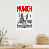 Munich Skyline Poster, Red Title, Black Outline ポスター (キッチン)
